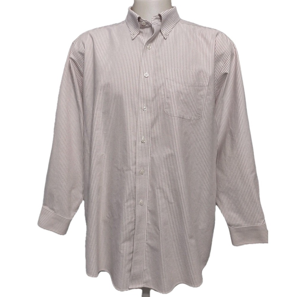 LL Bean Button Down Shirt 18-34 Striped Tan White Cabin Core Norm Core Retro Men